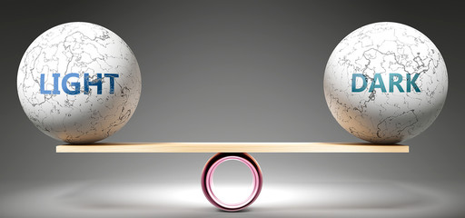 Light and dark in balance - pictured as balanced balls on scale that symbolize harmony and equity between Light and dark that is good and beneficial., 3d illustration