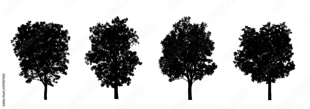 Poster isolated set of trees silhouette for brush collection on white backdrop