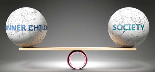 Inner child and society in balance - pictured as balanced balls on scale that symbolize harmony and equity between Inner child and society that is good and beneficial., 3d illustration