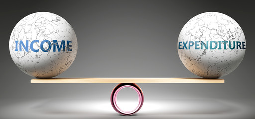 Income and expenditure in balance - pictured as balanced balls on scale that symbolize harmony and equity between Income and expenditure that is good and beneficial., 3d illustration