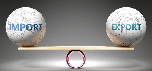 Import and export in balance - pictured as balanced balls on scale that symbolize harmony and equity between Import and export that is good and beneficial., 3d illustration - obrazy, fototapety, plakaty