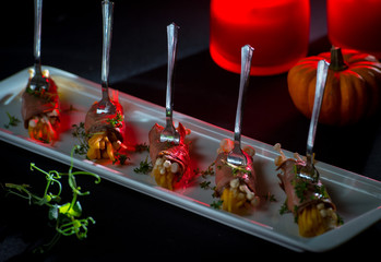 Spicy roast beef with inoki mushrooms and pickled pumpkin