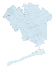 Satellite map of New York City, Queens, Usa. Map roads, ring roads and highways, rivers, railway lines. Transportation map