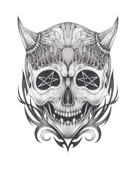 Art Surreal Devil Skull Tattoo. Hand drawing on paper.