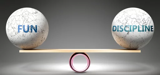 Foto op Plexiglas Fun and discipline in balance - pictured as balanced balls on scale that symbolize harmony and equity between Fun and discipline that is good and beneficial., 3d illustration © GoodIdeas