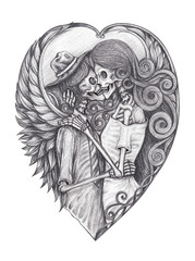 Art Fantasy Couple Angel Skulls.Hand drawing on paper.