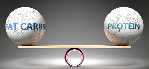 Fat carbs and protein in balance - pictured as balanced balls on scale that symbolize harmony and equity between Fat carbs and protein that is good and beneficial., 3d illustration
