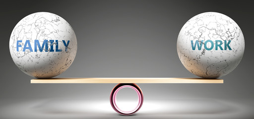 Family and work in balance - pictured as balanced balls on scale that symbolize harmony and equity between Family and work that is good and beneficial., 3d illustration