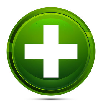 Plus icon glassy green round button illustration
