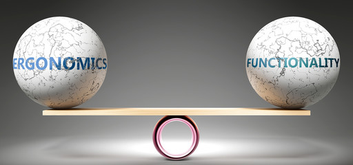 Ergonomics and functionality in balance - pictured as balanced balls on scale that symbolize harmony and equity between Ergonomics and functionality that is good and beneficial., 3d illustration