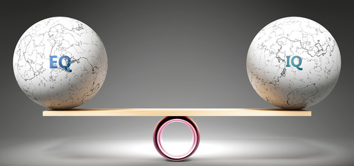Eq and iq in balance - pictured as balanced balls on scale that symbolize harmony and equity between Eq and iq that is good and beneficial., 3d illustration - obrazy, fototapety, plakaty