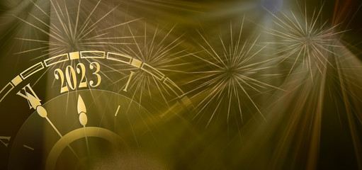 New Year background. 2023 new Year background with clock and fireworks.