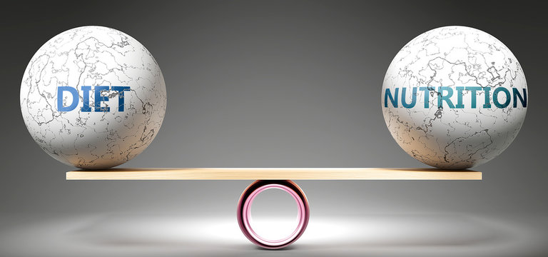 Diet And Nutrition In Balance - Pictured As Balanced Balls On Scale That Symbolize Harmony And Equity Between Diet And Nutrition That Is Good And Beneficial., 3d Illustration