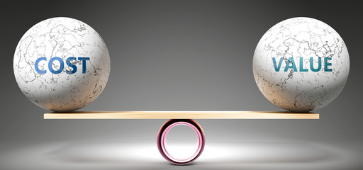 Cost and value in balance - pictured as balanced balls on scale that symbolize harmony and equity between Cost and value that is good and beneficial., 3d illustration