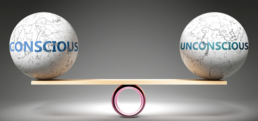 Conscious and unconscious in balance - pictured as balanced balls on scale that symbolize harmony and equity between Conscious and unconscious that is good and beneficial., 3d illustration - obrazy, fototapety, plakaty