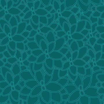 Modern feminine vector floral big succulents outlines seamless repeat pattern in monochrome dark green blue shades