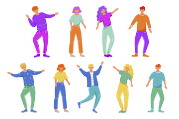 Dancing people flat vector illustrations set. Boys and girls doing morning exercises. Holiday celebration. Happy caucasian men and women have fun on party event isolated cartoon characters