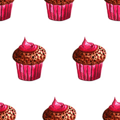 Set of chocolate sweets: donut, cake, cookies, cupcake, woopie pie, macarons. Hand drawn watercolor illustration