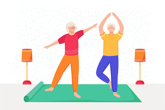 Retired People Training Flat Vector Illustration. Physical Exercise. Healthy Lifestyle. Old Couple Spends Time Together. Pensioners Doing Yoga At Home Cartoon Characters