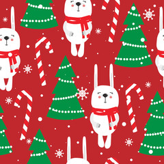 Colorful background with rabbits, fir trees, candy canes, snow. Decorative cute backdrop vector. Happy New Year, seamless pattern with animals. Winter time