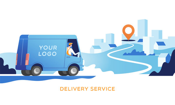 Delivery truck with man is carrying parcels on points. Concept online map, tracking, service. Vector illustration.	