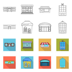 Vector illustration of supermarket and building sign. Set of supermarket and local stock symbol for web.