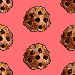 Set of chocolate sweets: donut, cake, cookies, cupcake, woopie pie, macarons. Hand drawn watercolor illustration