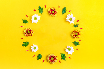 pattern of round frame of flowers white, red asters, green leaves  isolated on yellow background Flat lay Top view Mock up Sesonal concept Hello autumn, spring or summer, Good morning Holiday card