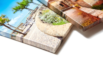 Canvas photo prints isolated on white background. Sample of gallery wrapping method of canvas...