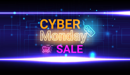 Cyber monday banner with circuit and glowing light