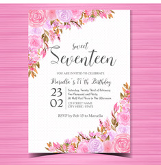 Cute birthday invitation card with beautiful pink and purple roses