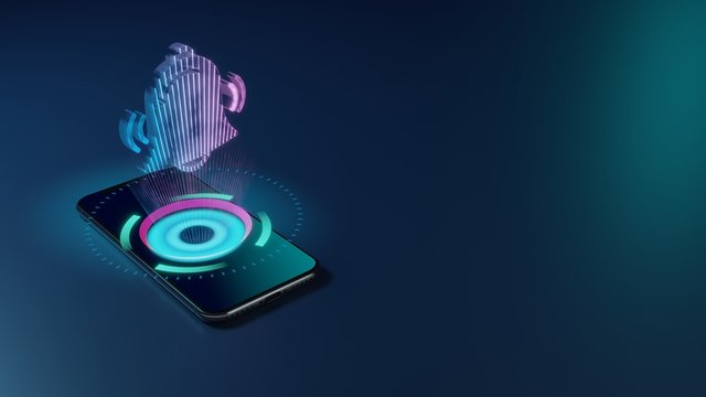 3D Rendering Neon Holographic Phone Symbol Of Alarm Icon On Dark Background