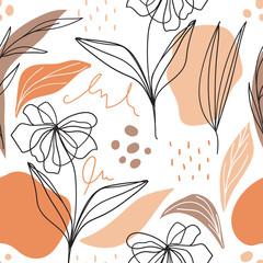 Modern floral seamless pattern with abstract shapes for print, fabric, wallpaper. Scandinavian aesthetic background. Hand drawn floral background.