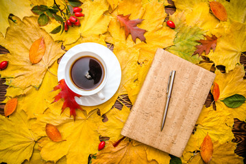 Autumn background-a Cup of coffee and a notebook lying on yellow leaves