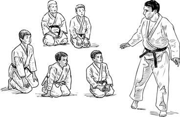 Sketch of wrestling trainer and his pupils in gym