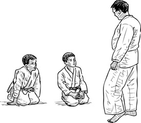 Sketch of wrestling trainer and his small pupils in gym