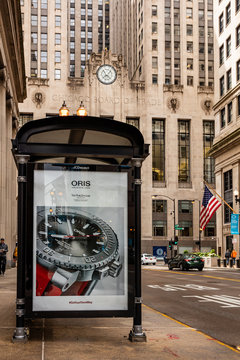 Billboard At Bus Stop For Advertising, Chicago City Buildings And Street Background