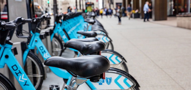 City bikes for rental parked on the street, Chicago, Illinois