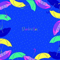 Fototapeta na wymiar Square frame with bright umbrellas on blue background. Vector