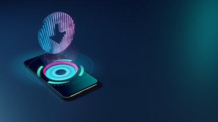 3D rendering neon holographic phone symbol of down arrow in circle icon on dark background