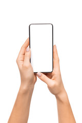Modern smart phone with blank white screen in woman's hands