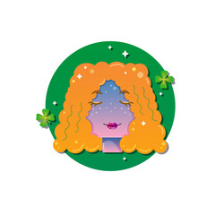 Illustration of an Irish girl face icon with other themed graphic elements.