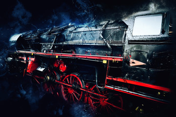 old steam locomotive power on black background