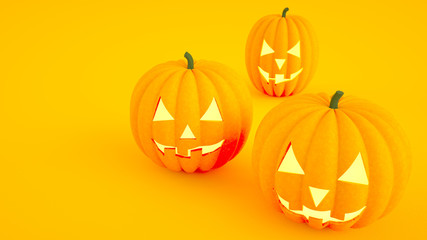 Close-up of three glowing Halloween pumpkins with smile, isolated on orange background 3D rendering. Illustration for the holiday Halloween, autumn celebration and happy Thanksgiving.