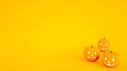Three glowing Halloween pumpkins with smile, isolated on orange background 3D rendering. Illustration for the holiday Halloween, autumn celebration and happy Thanksgiving.