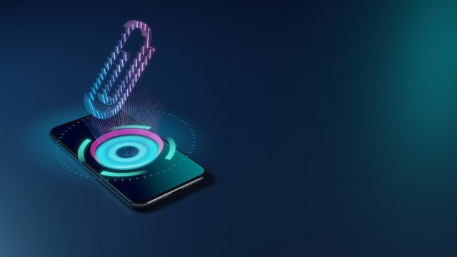 3D rendering neon holographic phone symbol of attachment icon on dark background