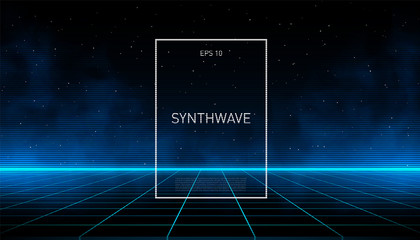 Synthwave blue cyber laser grid with glowing fog and horizon on starry space background. Design for poster, cover, wallpaper, web, banner, etc.