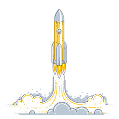 Fototapeta premium Rocket launch into undiscovered space. Explore universe, breathtaking space science. Thin line 3d vector illustration isolated on white.