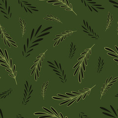Decorative leaves. Motifs scattered random. Seamless vector texture. Elegant template for fashion prints. Leaves on green background.        Texture for textile, wrapping paper, cover, background, wal