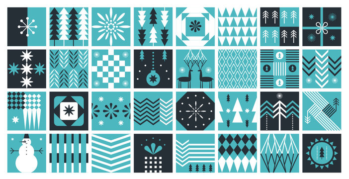Set of squaer abstract pictures with trees and snowflakes. Geomentric shapes style. Christmas and New Year's patterns.
